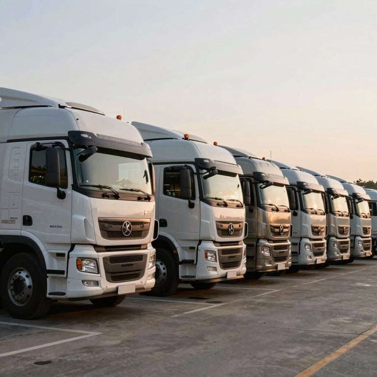 A fleet of modern logistics trucks prepared for transport at a flower farm loading dock during sunrise.
