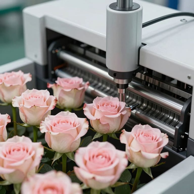 A detailed macro shot of fresh roses being scanned by an automated optical sorting system for quality control in a South American facility.