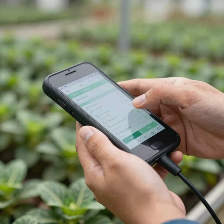 A close-up of a worker's hands using a specialized mobile terminal to manage plant health records in a nursery.