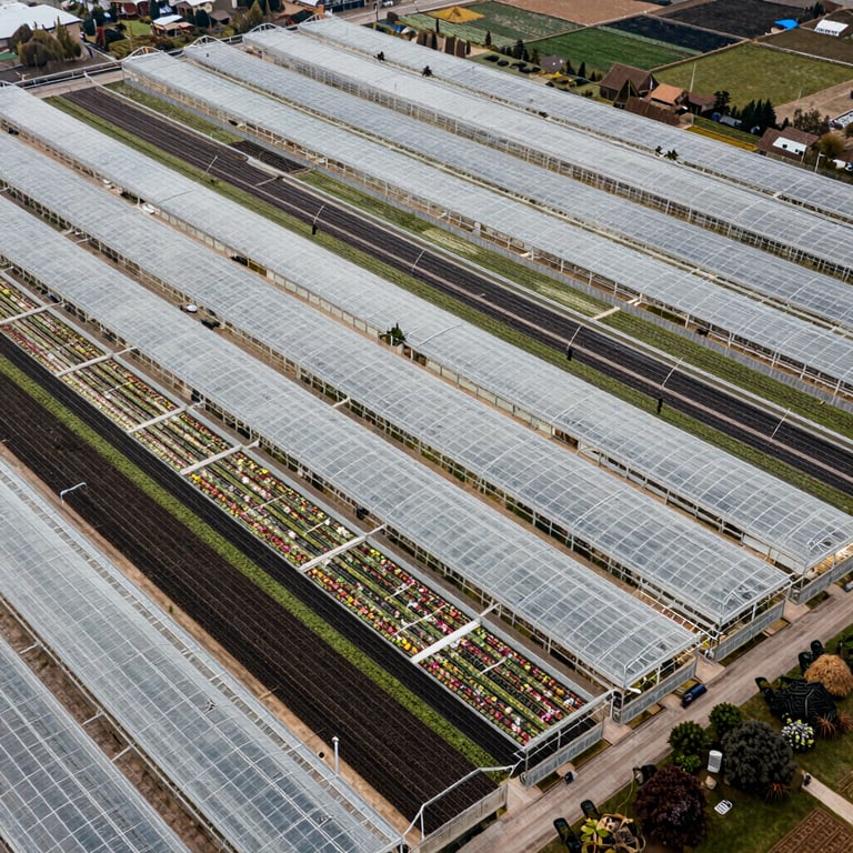 An aerial view of a vast, modern greenhouse complex in the Andean region, showing organized rows of floral production.