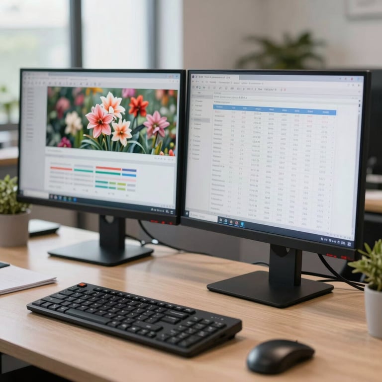 A workspace showing a dual-monitor setup displaying production analytics and floral inventory charts in a bright office.