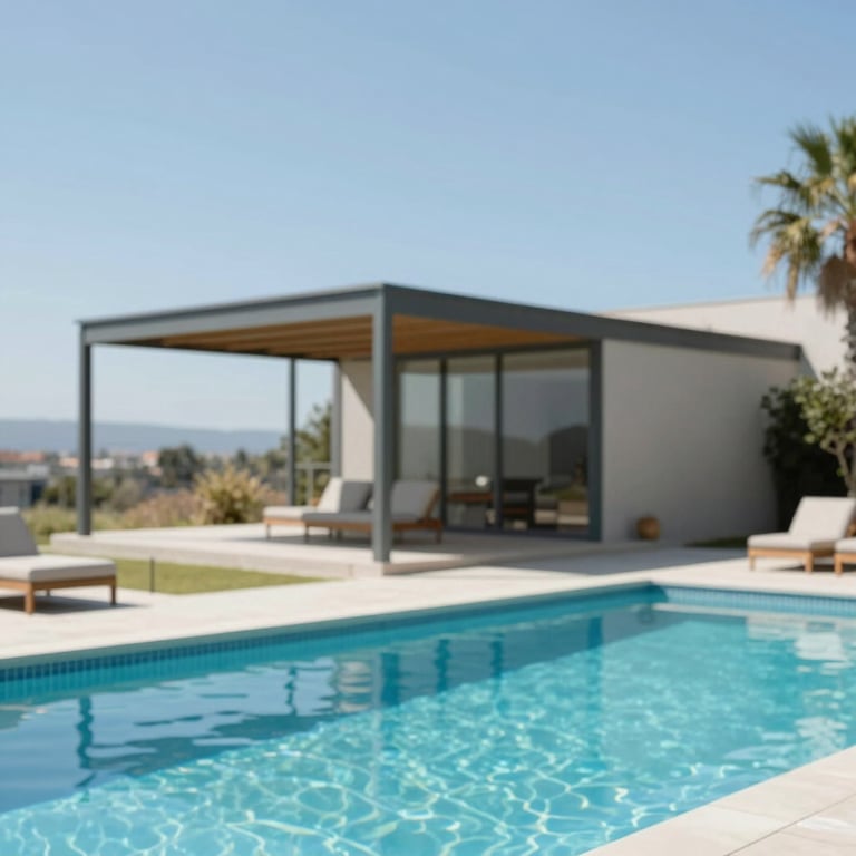 A modern swimming pool area next to a minimalist steel frame pool house under bright, clean Uruguayan sunlight.