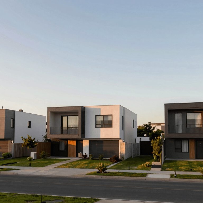Exterior of a modern house built with steel framing, featuring clean horizontal lines and a minimalist gray palette #3D3D3D.