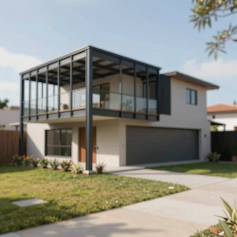 A contemporary home extension project in Uruguay, showing the seamless integration of steel framing with existing structures.