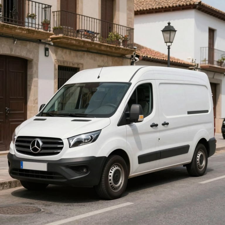 A white professional service van parked in a typical street of Mieres, Spain, during a clear day.
