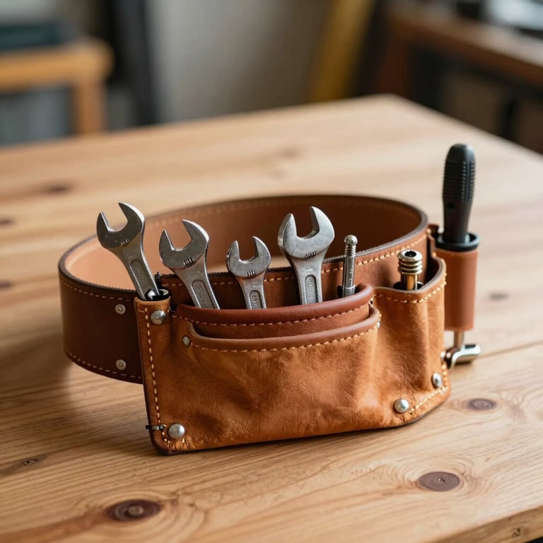 A professional leather tool belt with wrenches and plumbing tools resting on a clean wooden surface, soft focus background.