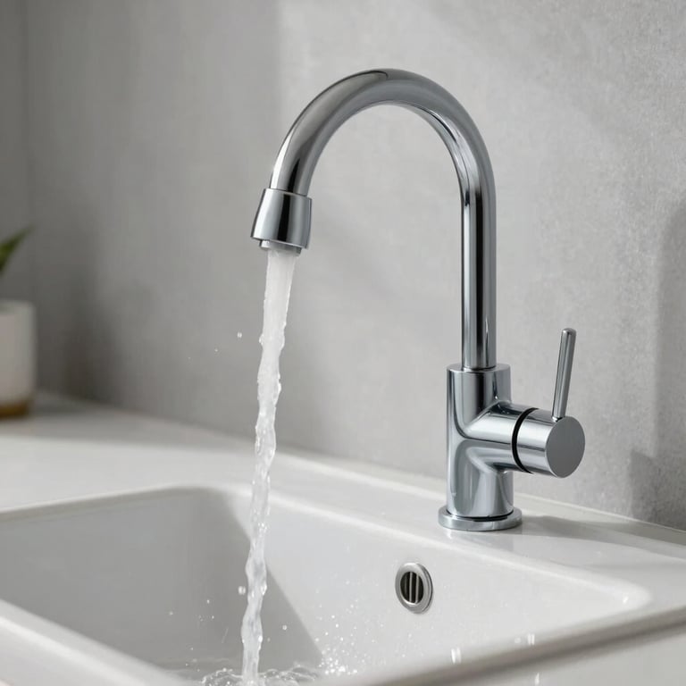 A sleek chrome kitchen faucet with water flowing gently into a clean sink, bright and contemporary design.
