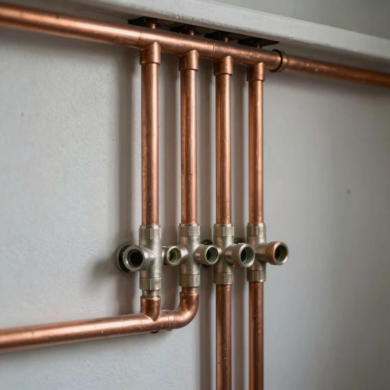 A neat arrangement of copper and PEX water pipes on a utility wall, demonstrating professional craftsmanship.