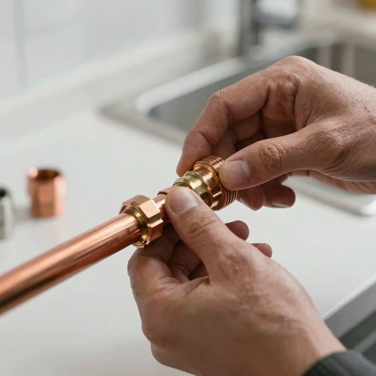Close-up of professional hands tightening a copper pipe fitting in a modern kitchen setup, natural lighting.