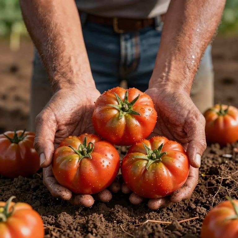 Mãos calejadas de um produtor rural segurando tomates heirloom recém-colhidos, cobertos por uma fina camada de terra úmida, sob luz natural de fim de tarde.
