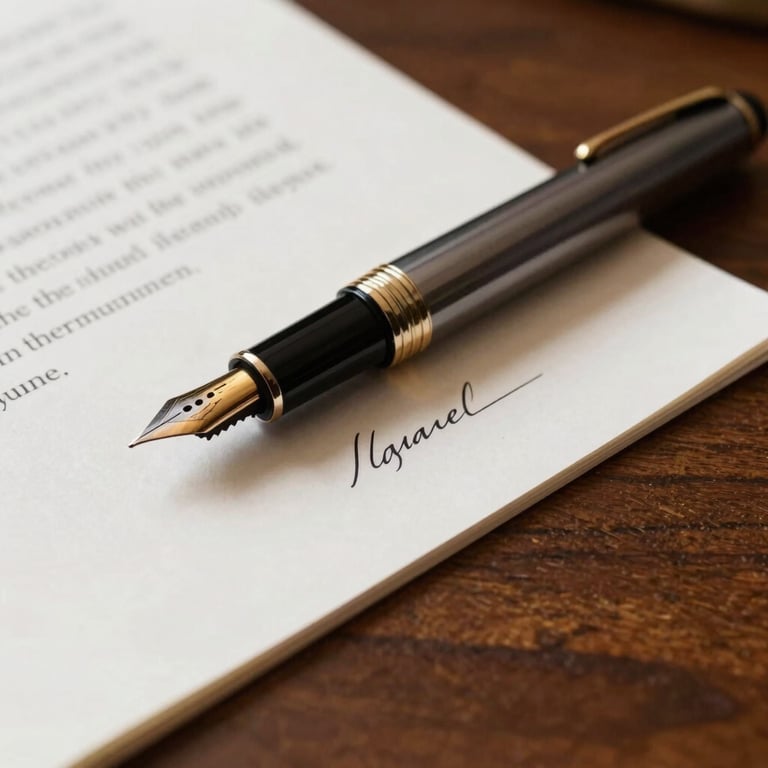 A close-up shot of a classic fountain pen resting on a signed agreement, warm natural light falling across a dark oak desk.