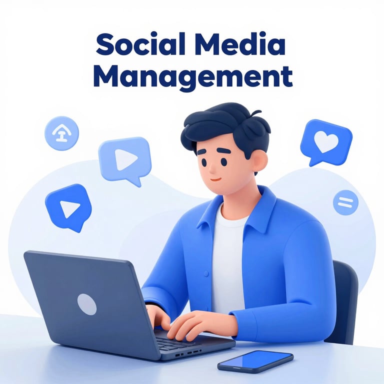 A 3D character using a laptop for social media management with digital engagement icons.