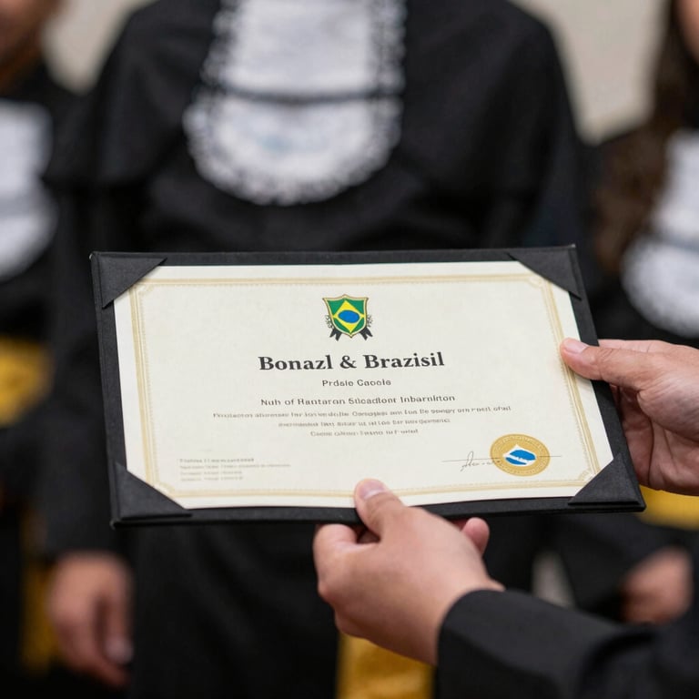 A close-up of a professional certificate being handed over during a graduation ceremony in Brazil.