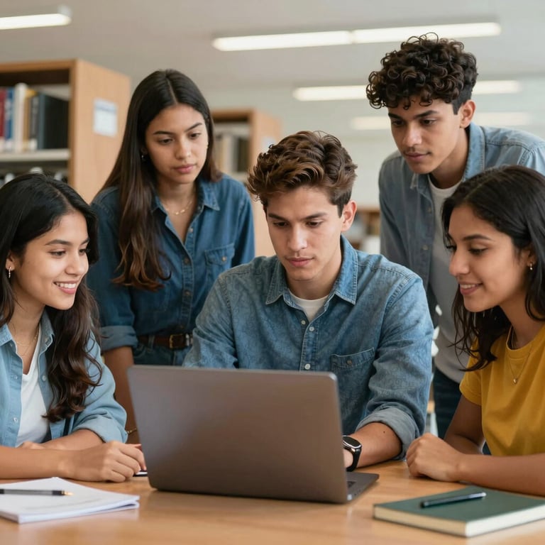 A group of diverse South American / Brazilian students collaborating around a laptop in a bright, modern library setting.