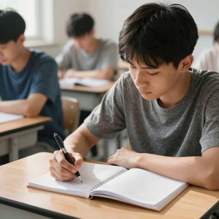 A focused student taking notes with a fountain pen in a clean, sunlit classroom.