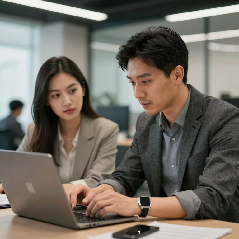 A mentor providing personalized feedback to a young professional in a modern office space.