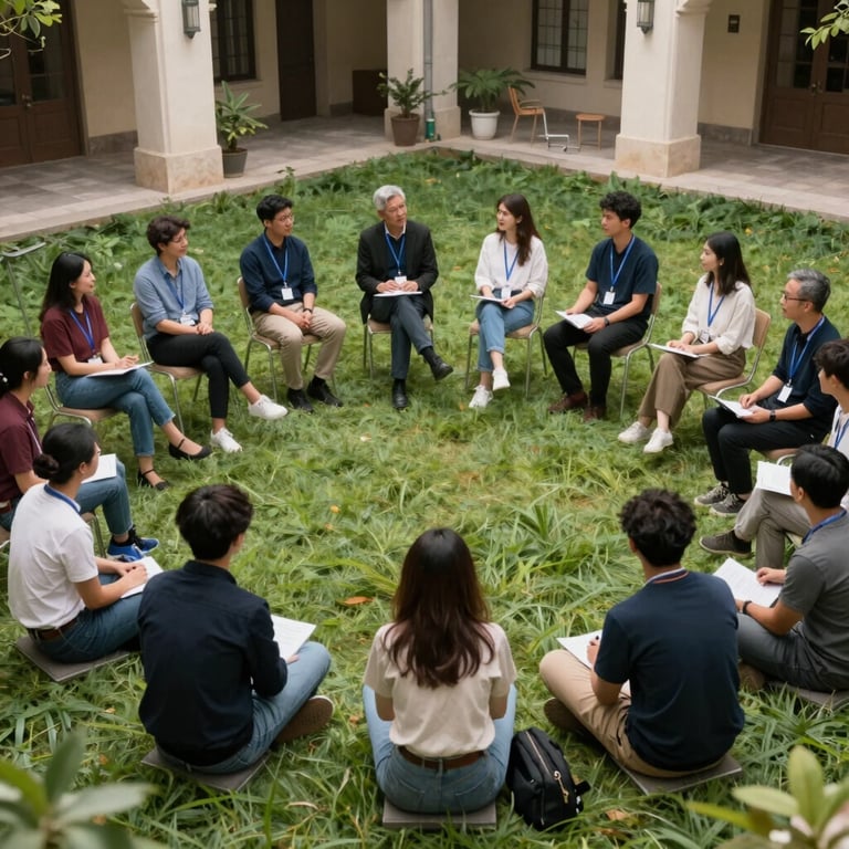 An outdoor educational seminar with participants sitting in a circle in a green courtyard.