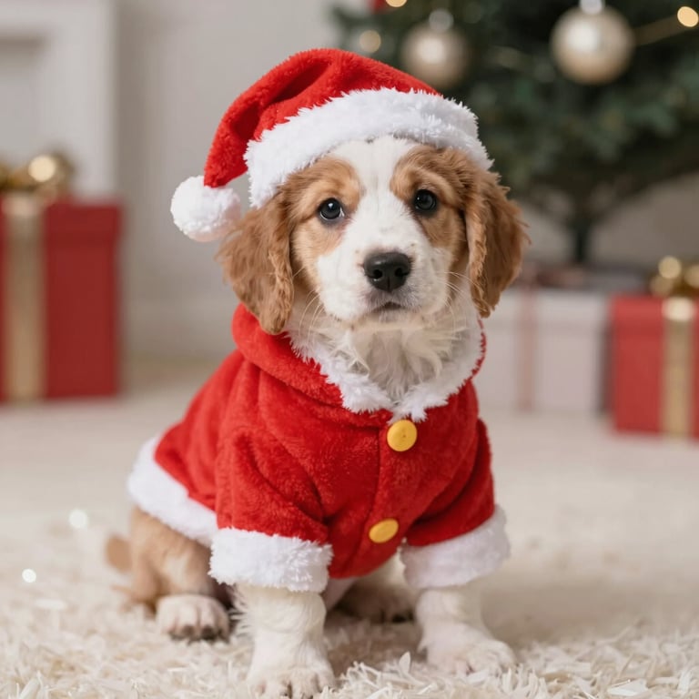 Cachorro usando disfraz de Santa Claus