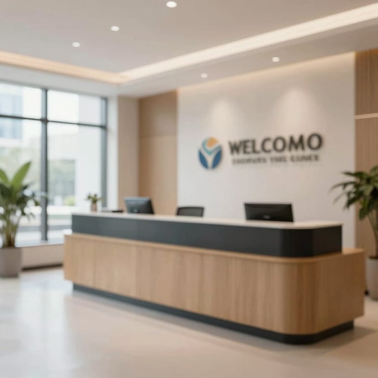 Wide-angle shot of a welcoming and professional corporate reception area, bathed in natural light.