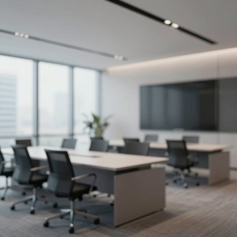 Interior shot of a sleek corporate office with clean lines and a sophisticated atmosphere. #0D1C2E accents.