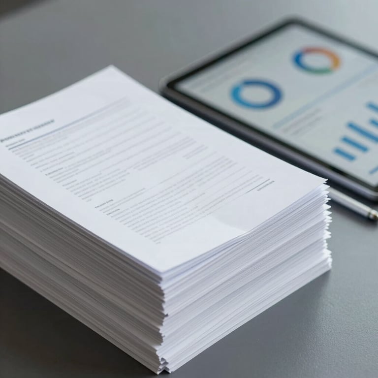 A stack of neatly organized business documents and a modern tablet showing data charts.