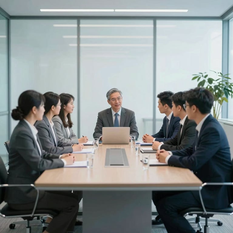 Team of professionals in a formal meeting within a bright, glass-walled conference room. #778DA9 tones.