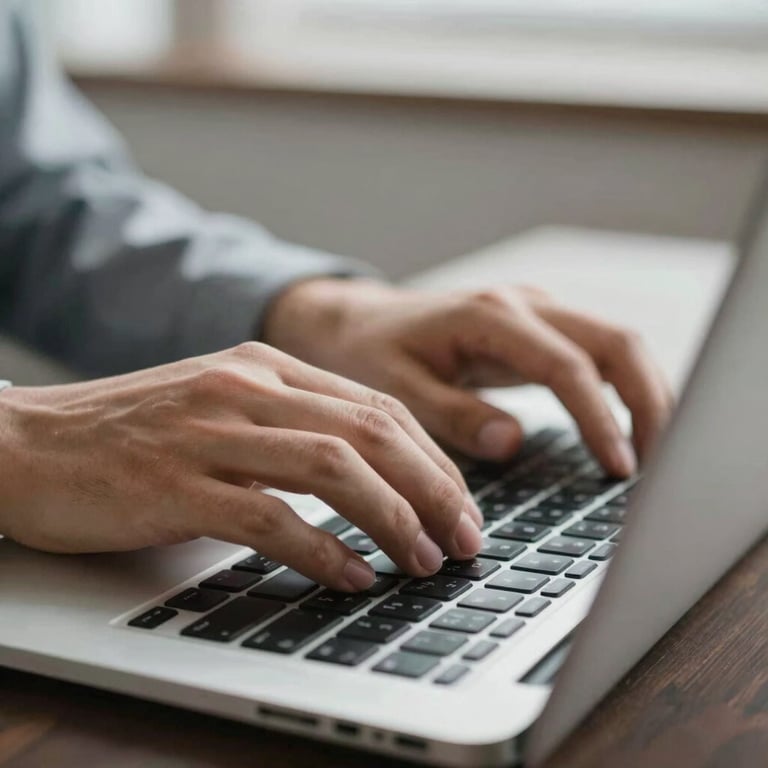 Close-up of hands typing on a laptop, representing efficient digital administrative support. #2F4858 palette.