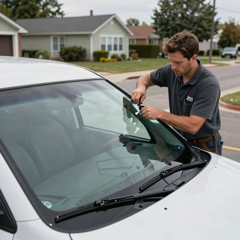 A wide shot of a technician completing a windshield replacement on a truck in a residential North American street, professional and tidy.