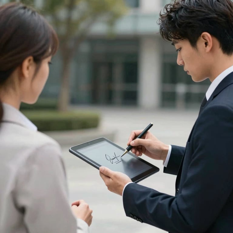 A technician handing a digital tablet to a customer in North American business casual attire for a signature, outdoor setting.