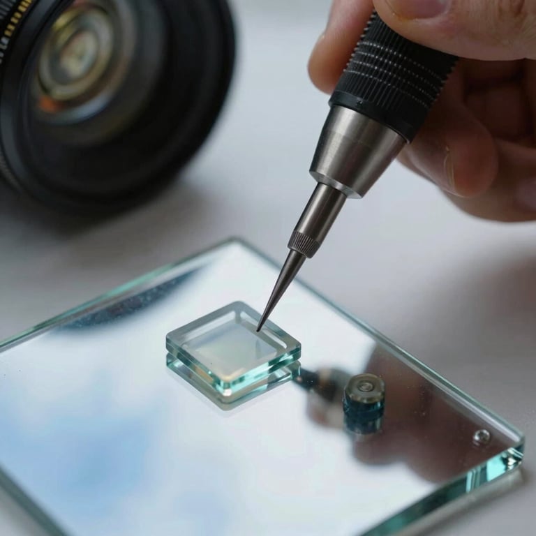Detail shot of a specialized resin being applied to a small glass chip, sharp focus on professional tools, blue sky reflection.