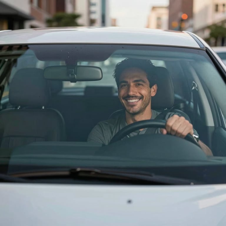 A happy driver in a North American city looking through a crystal clear windshield of a modern sedan, feeling empowered and safe.