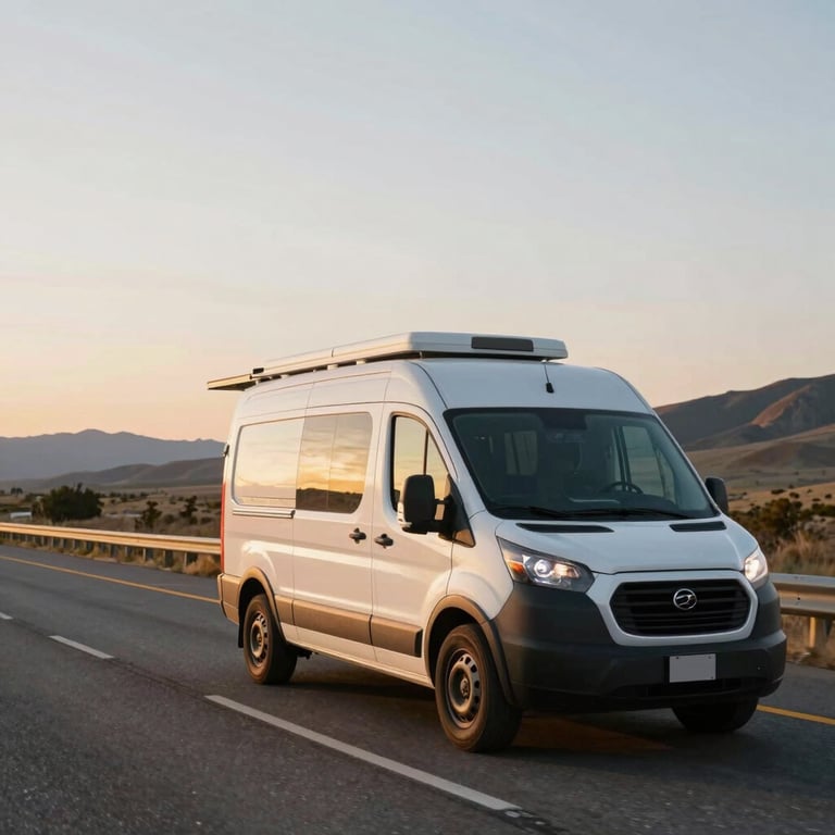 A mobile service van driving on a scenic American highway during golden hour, emphasizing freedom and peace of mind.