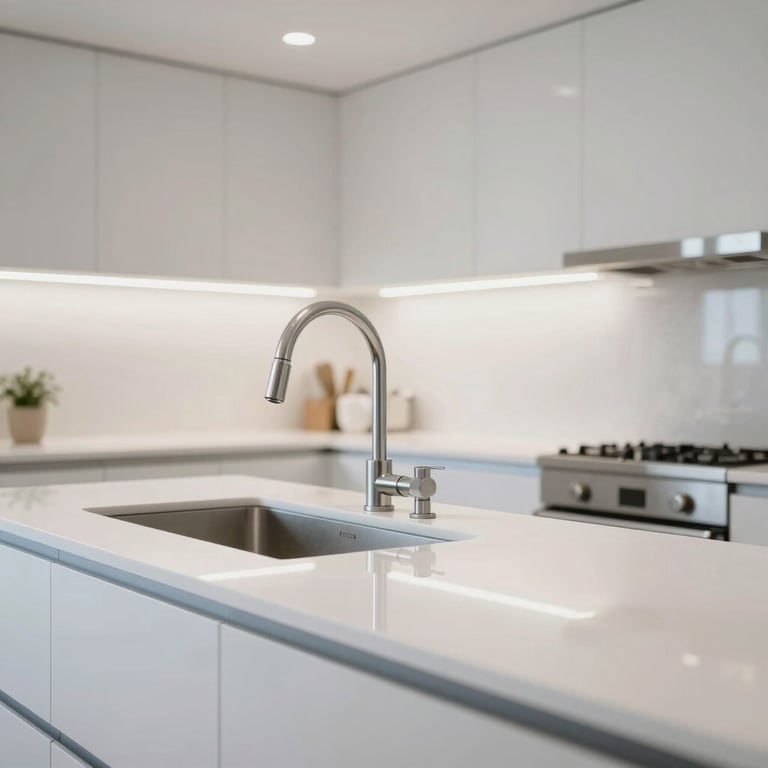Bright and minimalist residential kitchen with sparkling clean white countertops and polished fixtures.