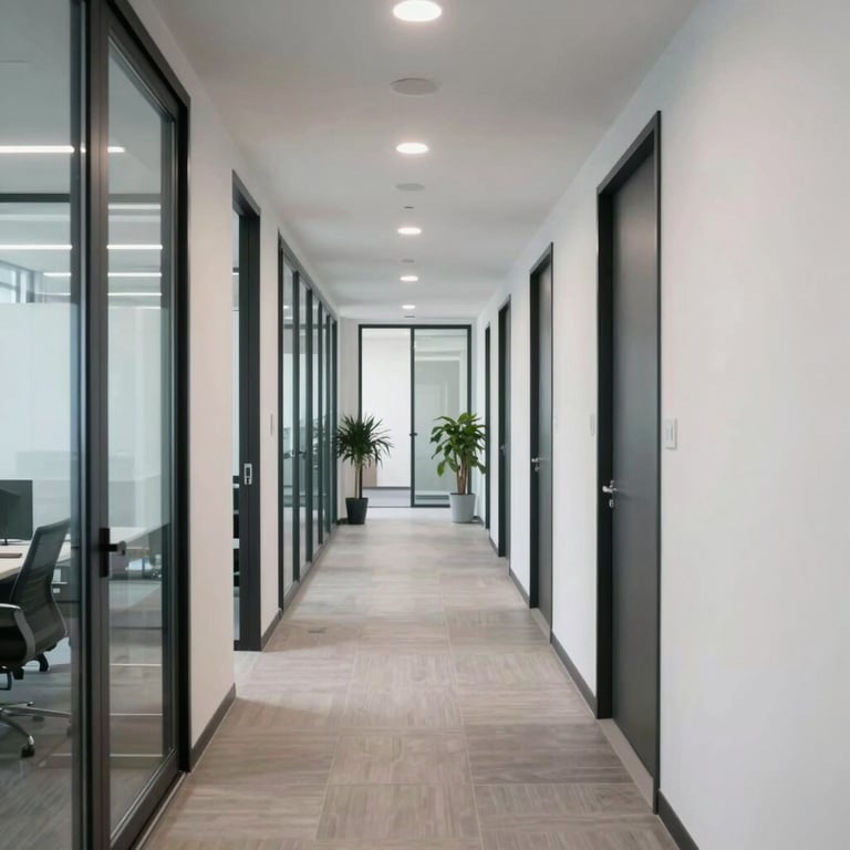 A clean and well-lit corridor of a modern commercial office building in Southern Europe.