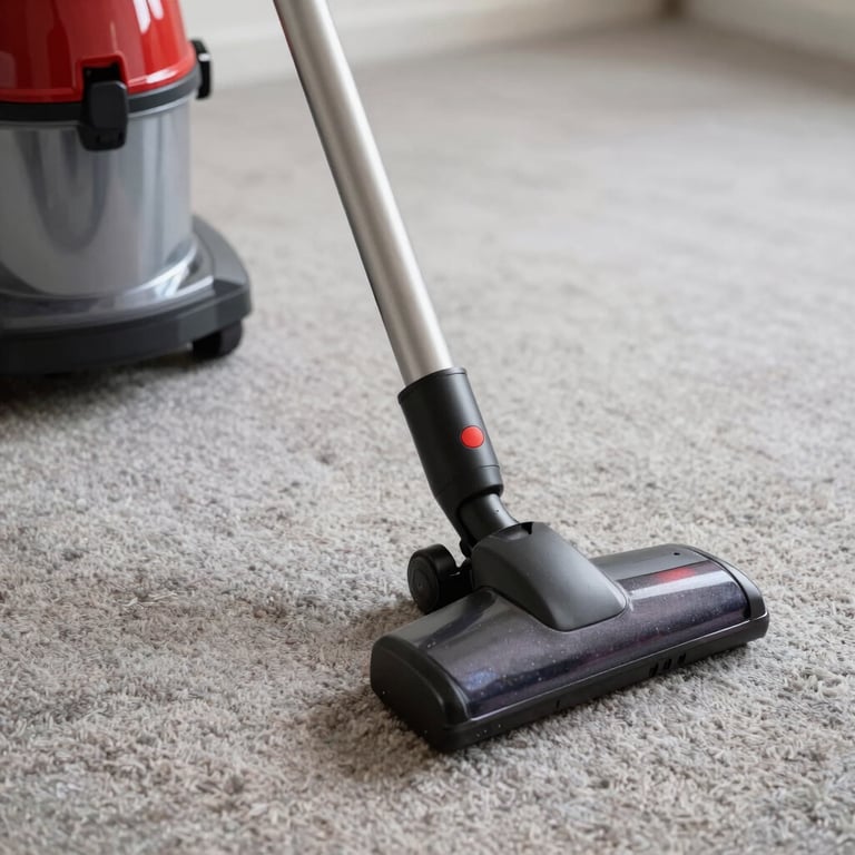 Detail of professional cleaning equipment including a modern vacuum cleaner on a high-quality carpeted floor.