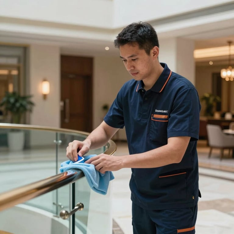 A professional cleaner in a modern navy uniform sanitizing a glass railing in an elegant Italian building lobby.