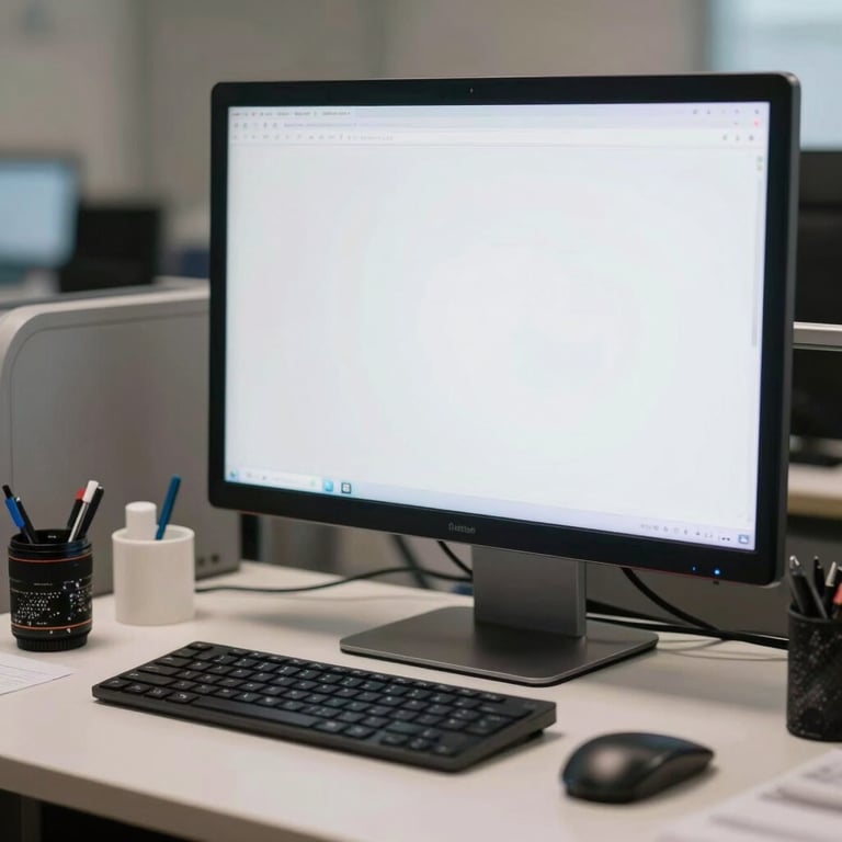 Close-up of a sanitized workstation with a clean computer screen and organized desk accessories.
