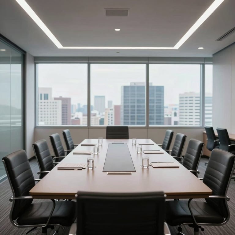A wide shot of a perfectly organized and clean corporate conference room with large windows overlooking a city.