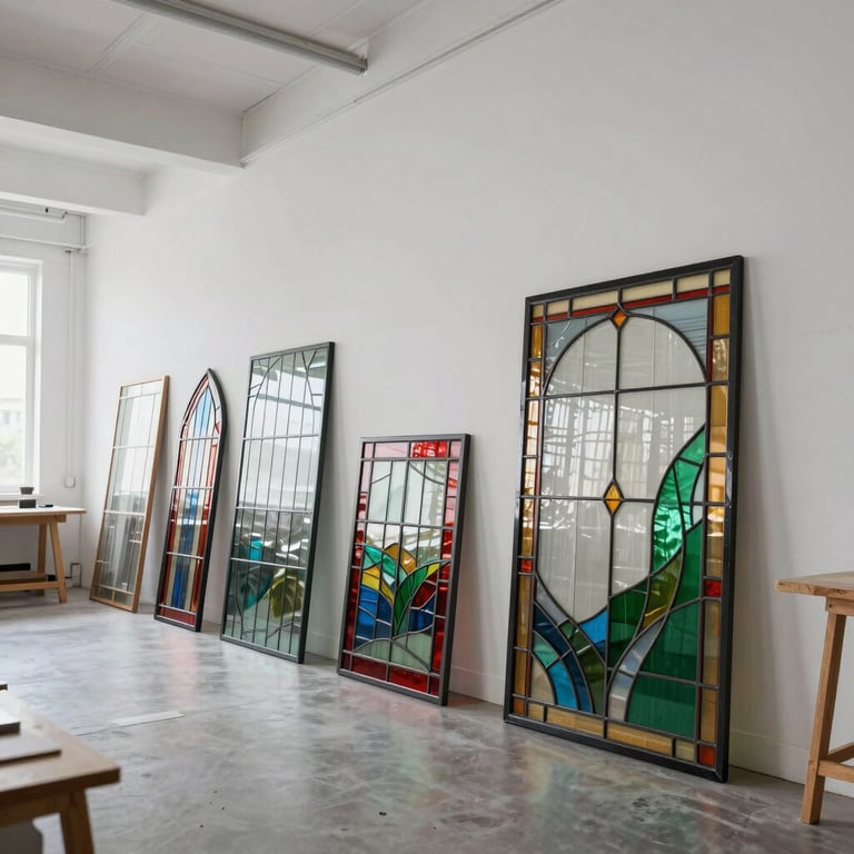 A stylish, airy contemporary workshop with white walls and high ceilings, showcasing several finished modern stained glass panels leaning elegantly against the wall.
