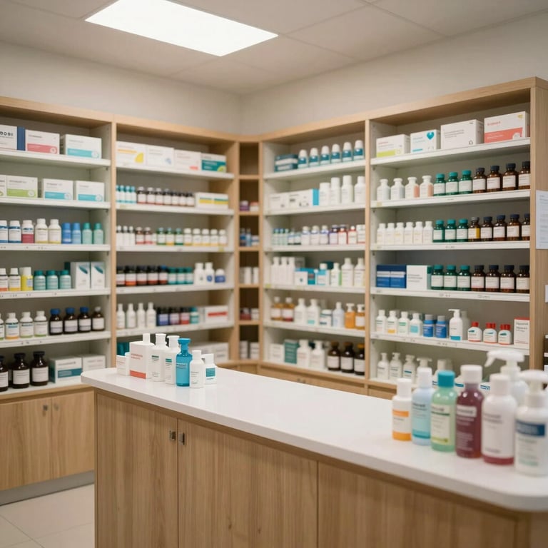Detail of a custom-designed pharmacy interior with functional layout and modern lighting.