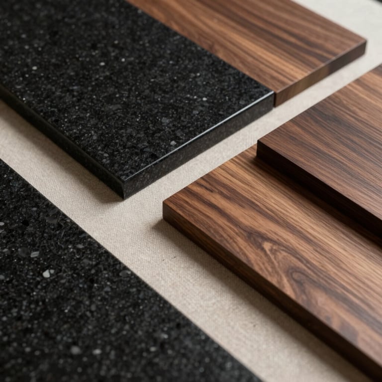 Premium material board showing samples of black granite, light beige fabric, and walnut wood.