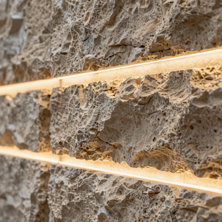 Close-up of a modern wall design featuring natural stone textures and integrated warm LED lighting.