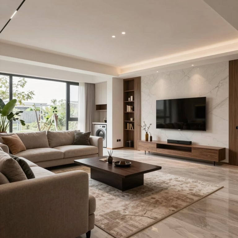 Wide shot of a turnkey renovation project showing a refined, high-value living area.