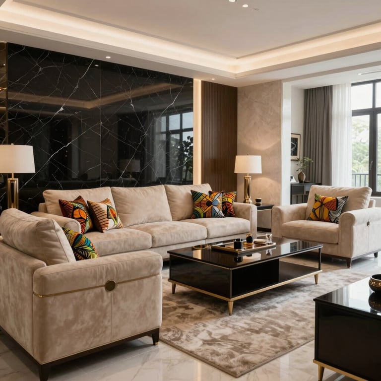 Luxury Ankara residential living room with black marble accents and beige bespoke furniture.