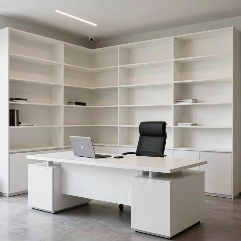 Interior of a high-end law office with minimalist desks and elegant white shelving.