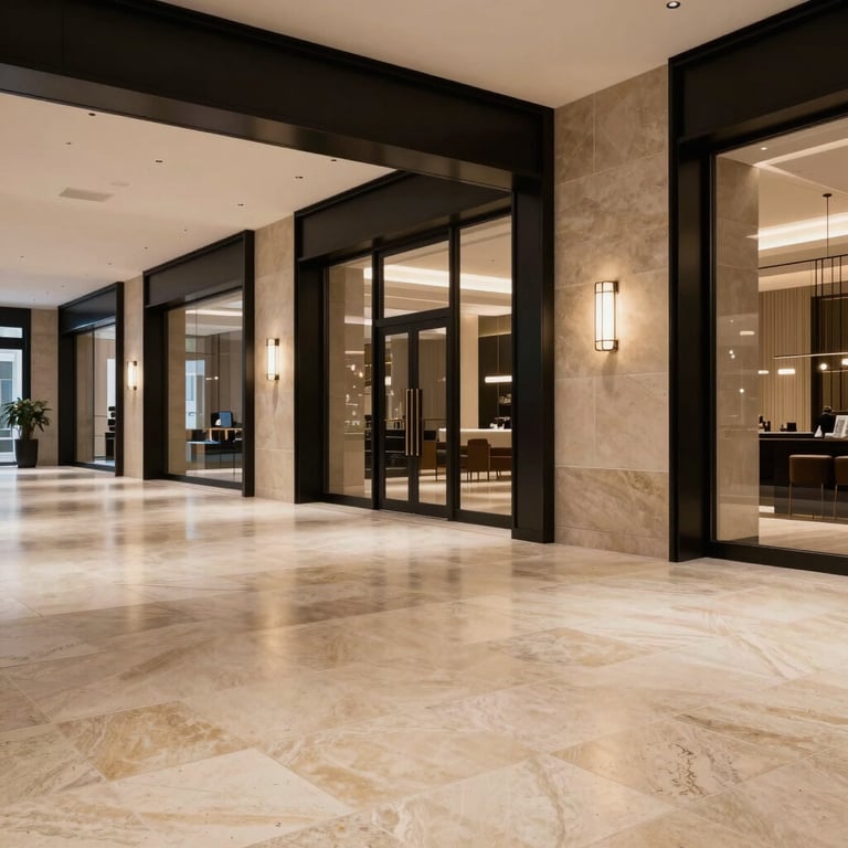 A luxury commercial lobby space featuring timeless beige stone flooring and black metal accents.