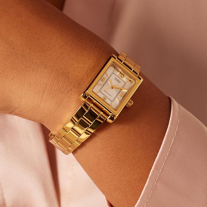Elegant Casio gold-tone rectangular dress watch for women with a classic link bracelet.