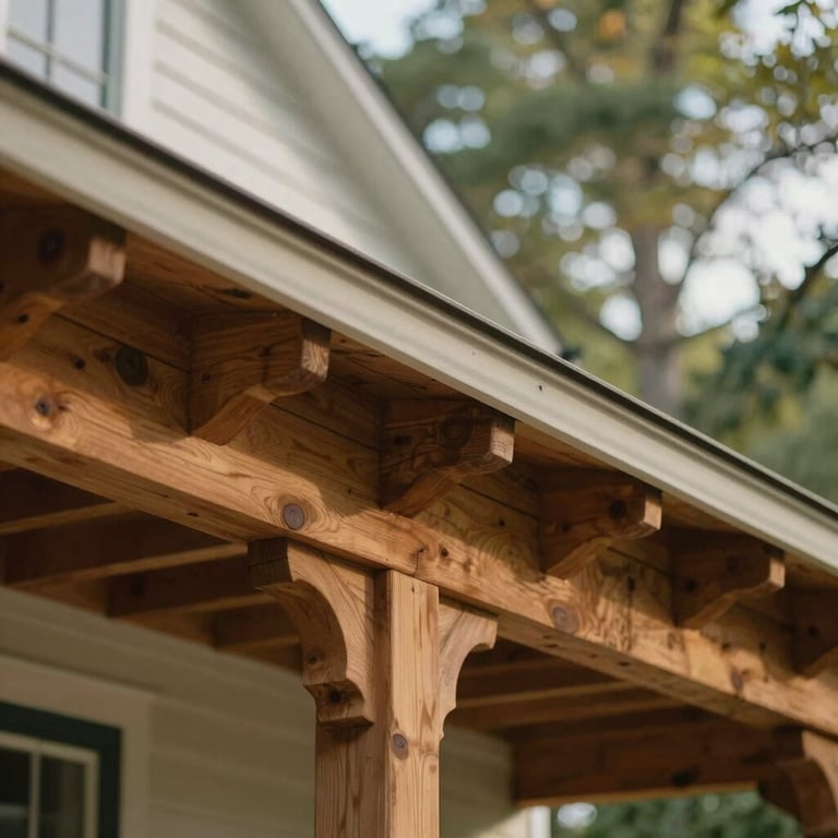 Close-up detail of warm wooden architectural craftsmanship on a historic North Carolina home, natural daylight, soft focus background.