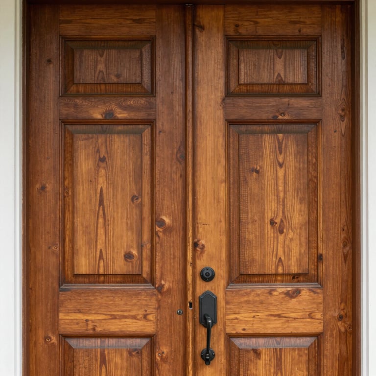 Close-up detail of historic North Carolina home craftsmanship, warm wood grain of a front door, soft natural daylight.