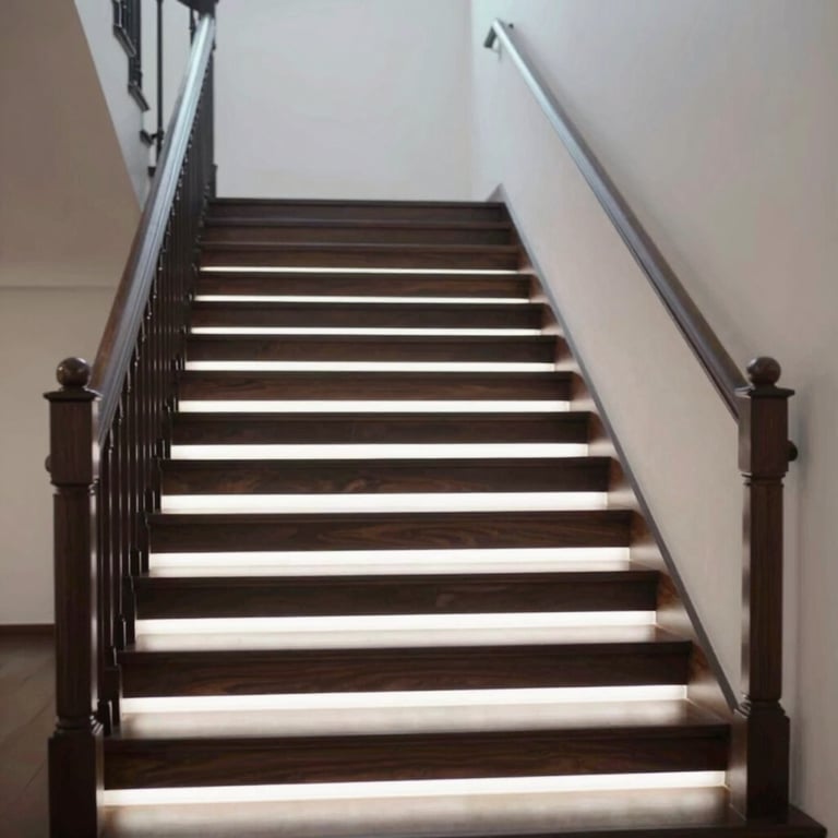 Wide shot of a dark hardwood staircase illuminated by clean white LED strips, emphasizing safety and luxury.